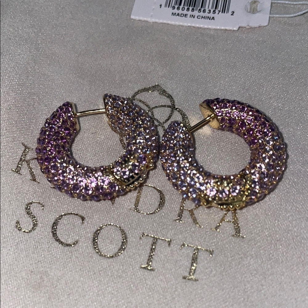 Kendra Scott Mikki Gold Pave Hoop Earrings in Purple Mauve - Picture 6 of 14